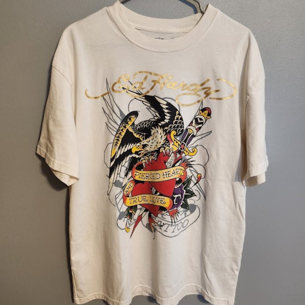 Ed Hardy Pierced Hearts and True Love Men's Tee Shirt Cream Color